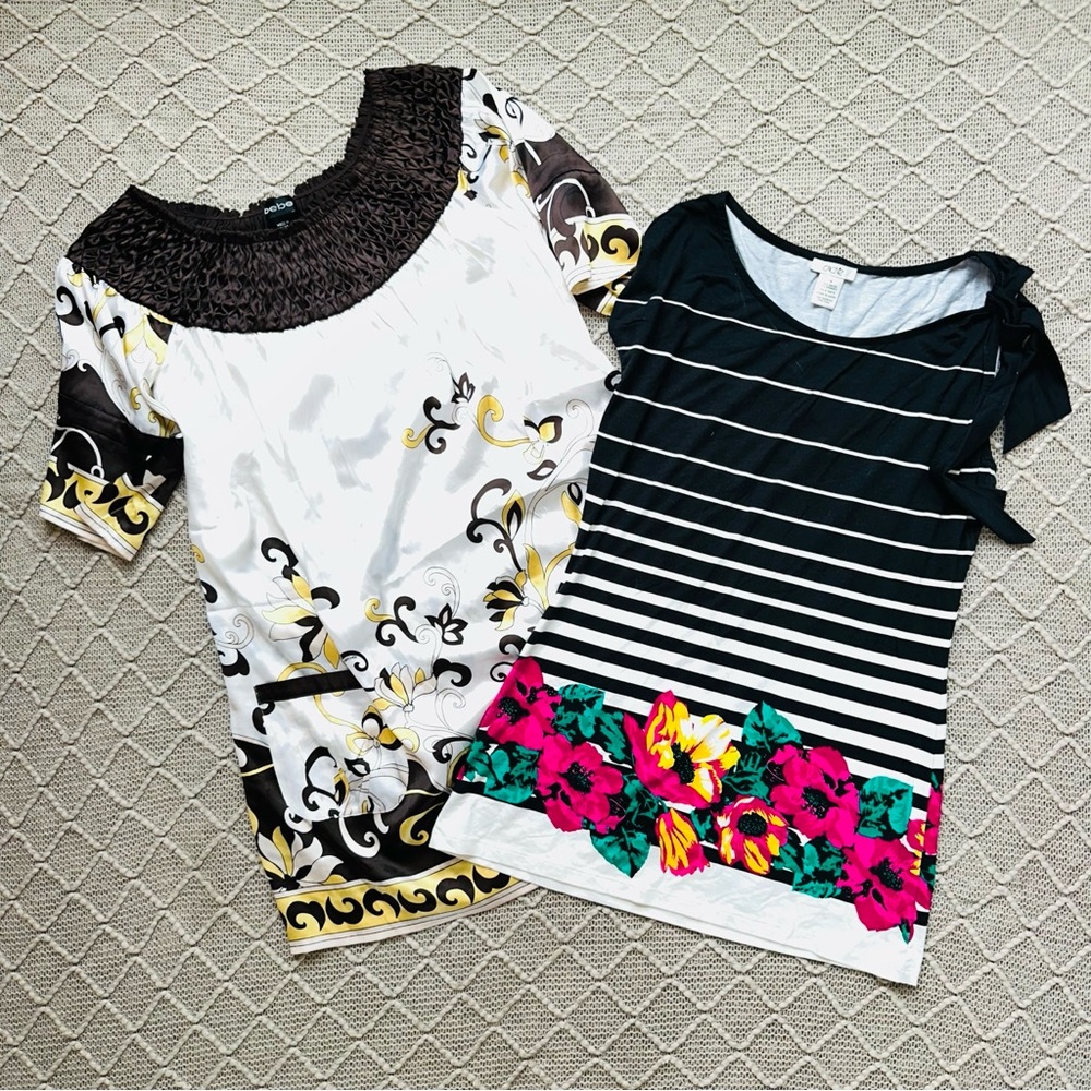 Floral and Striped Blouse Set Silk Blend Short Sleeve Top Bundle Medium M
